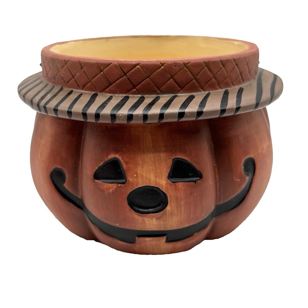 Crazy Mountain Pumpkin Bucket Ceramic Halloween 6.5" Jack O Lantern Handle *READ